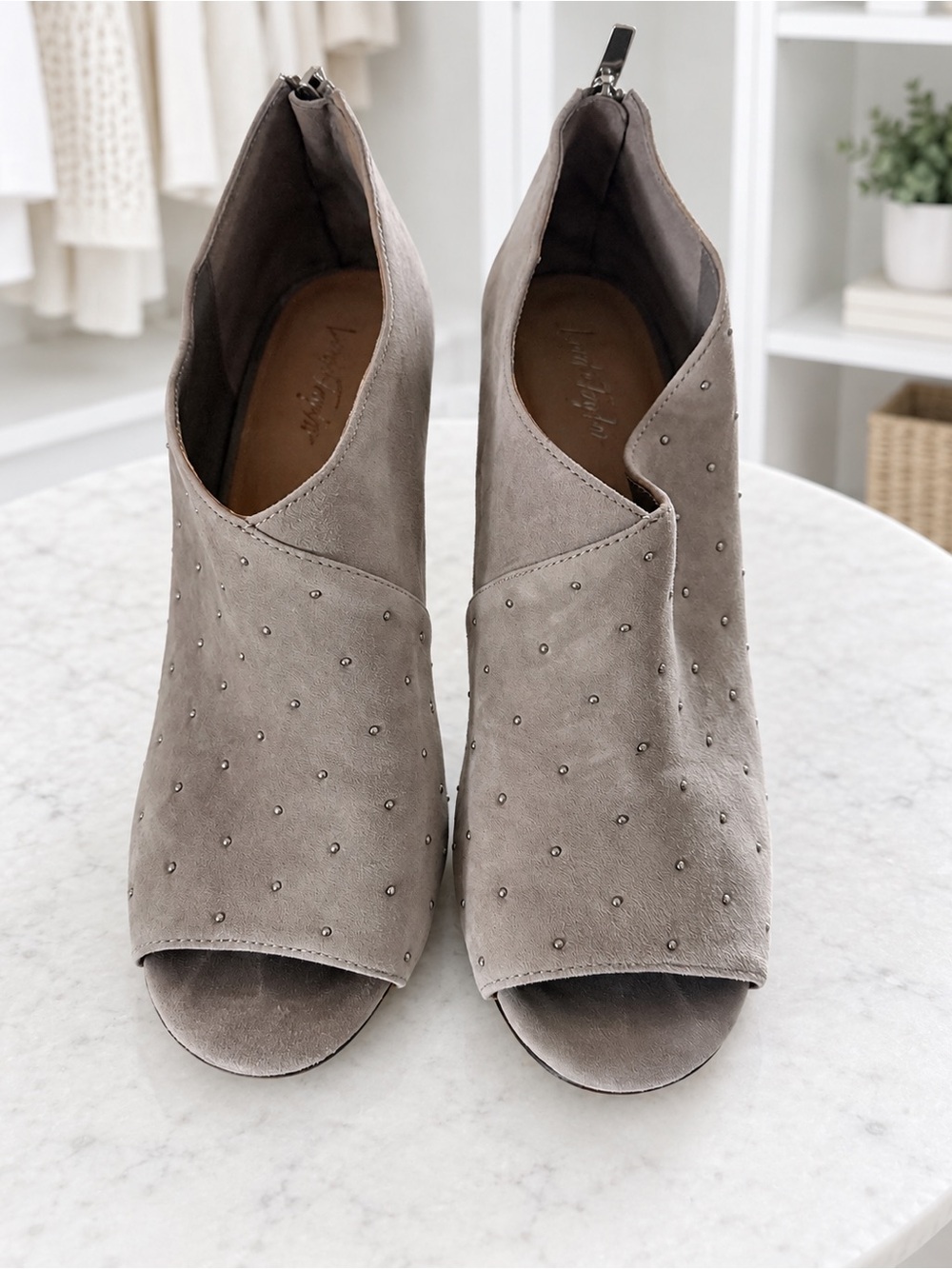 Lord & Taylor Grey Suede Studded Peep-Toe Bootie Heels (Size 8.5M)